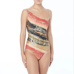 Carmen Marc Valvo One Shoulder One Piece Swimsuit Pacific Sunset Size 6